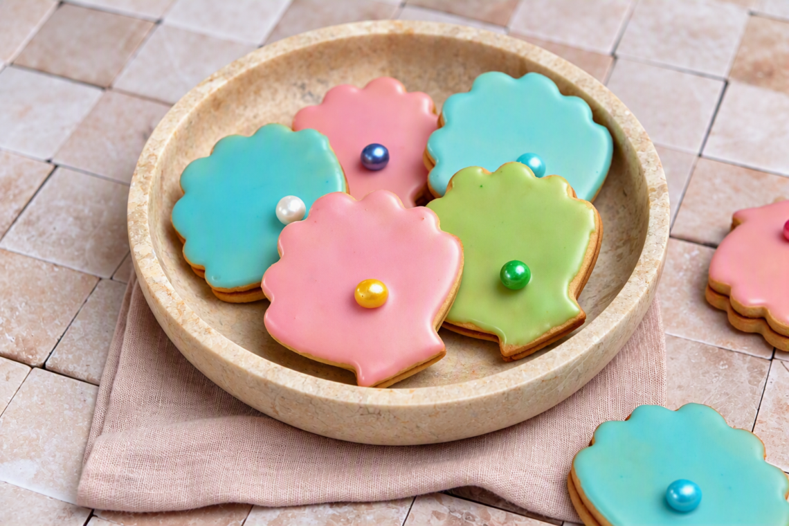 Bunte Muschel Plätzchen mit Zuckerguss und Zuckerperlen, gefüllt mit Pflaumenmarmelade