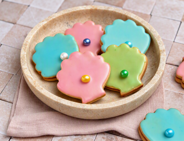 Bunte Muschel Plätzchen mit Zuckerguss und Zuckerperlen, gefüllt mit Pflaumenmarmelade